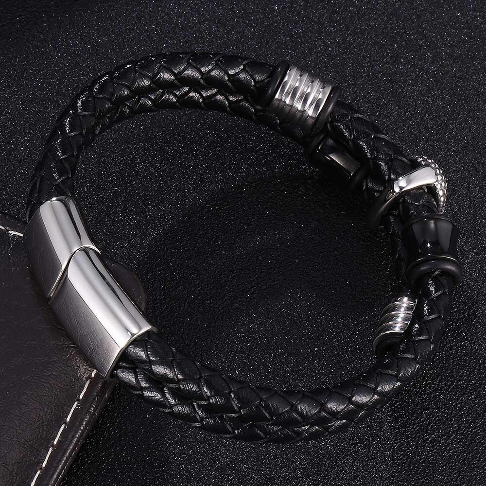 Модный мужской браслет, черный, двойной круг, кожаный, скелет, нержавеющая сталь, пряжка, браслет, мужской череп, ювелирные изделия