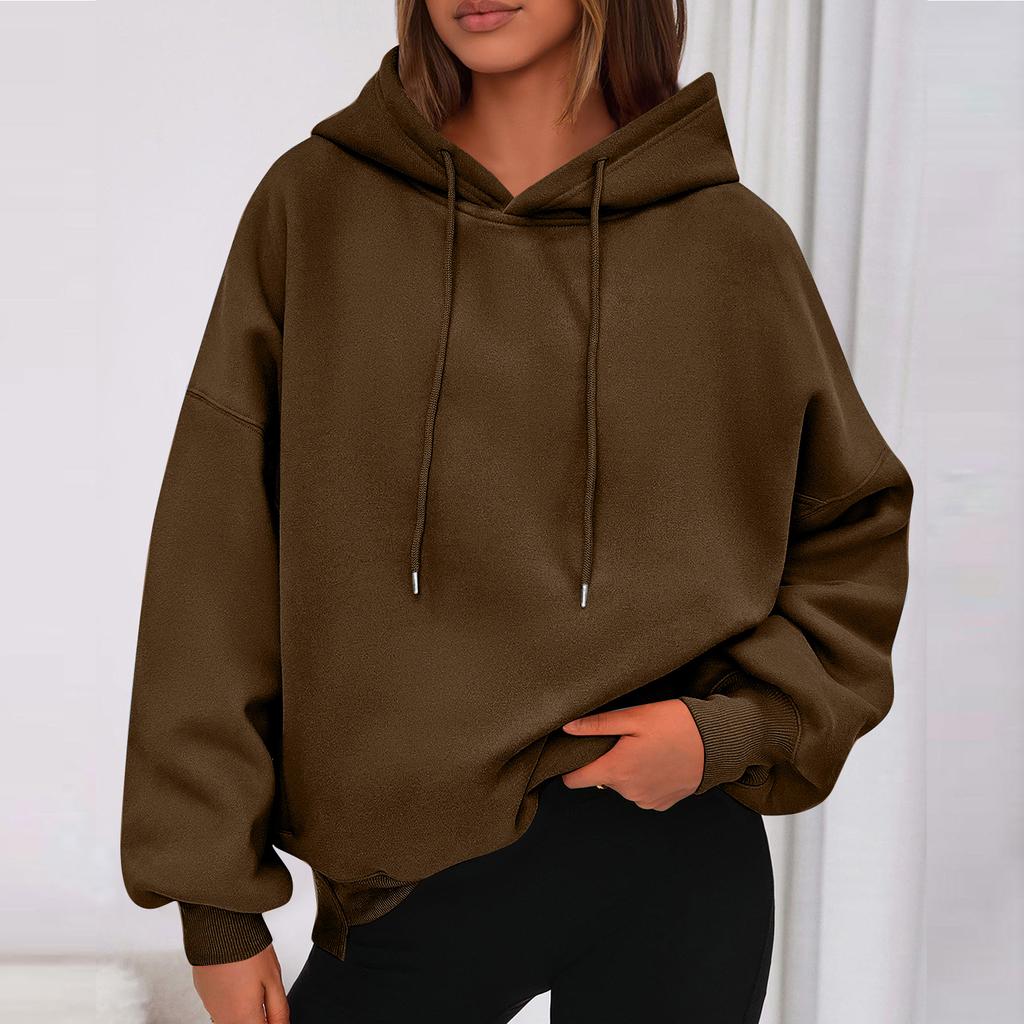 Ladies' Fashionable Solid Color Casual Hooded Pocket Long Sleeved Sweatshirt