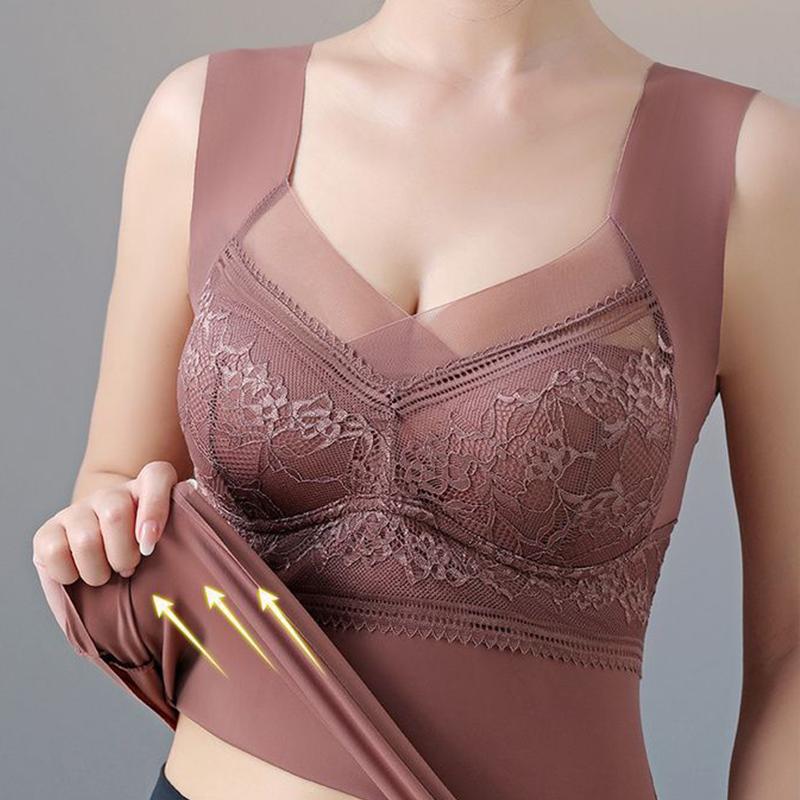 Women's Winter Warm Lace Velvet Thermal Vest Embroidered Fixed One-Cup Slim Bottoming Thickened Underwear
