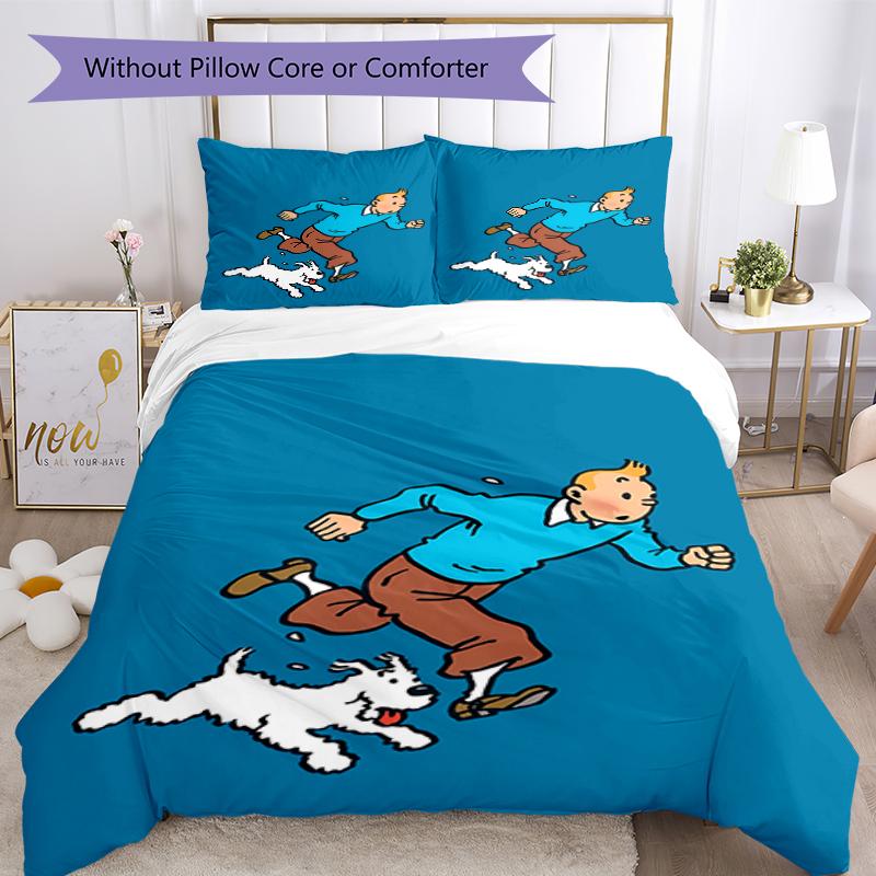 3pcs The Adventures of Tintin pattern bedding set duvet cover set includes duvet cover &pillowcases, perfect all season bedroom decoration & gift