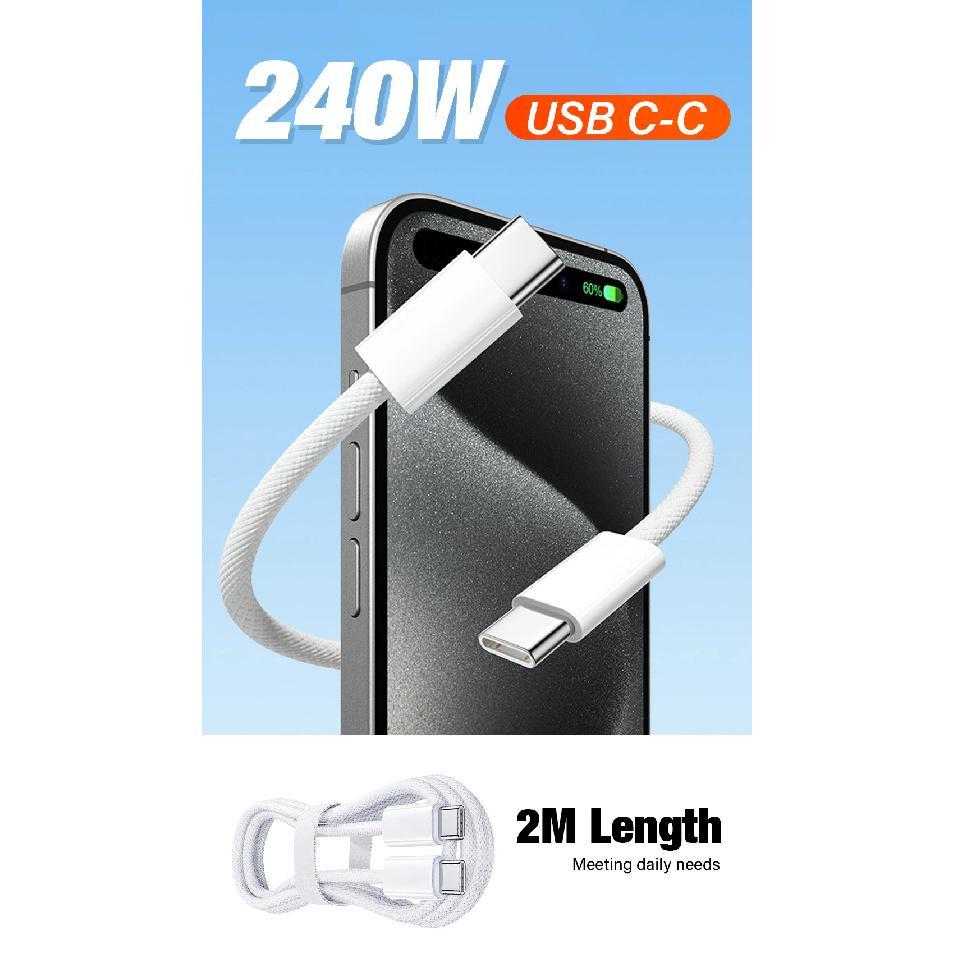 240W USB C to C Type C super Fast Charging Cable Braided Cord for MacBook Pro iPhone 17 16 15 Pro Ipad DELL Laptop 2 meter Long