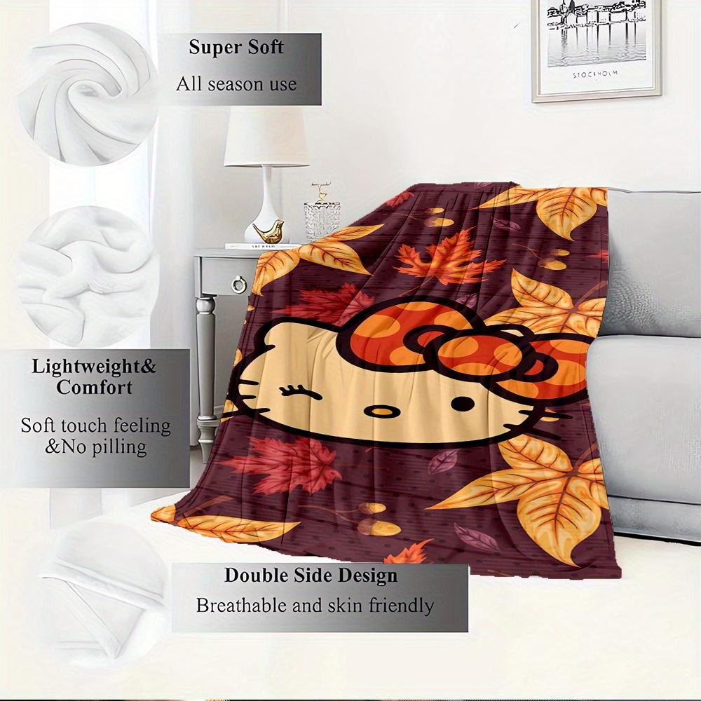For Hello Kitty, Autumn Leaves, BowAnime-Themed Flannel Blanket, Glam Style, Digital Print, All-Season Comfort, Tear-Resistant, Knitted Craf
