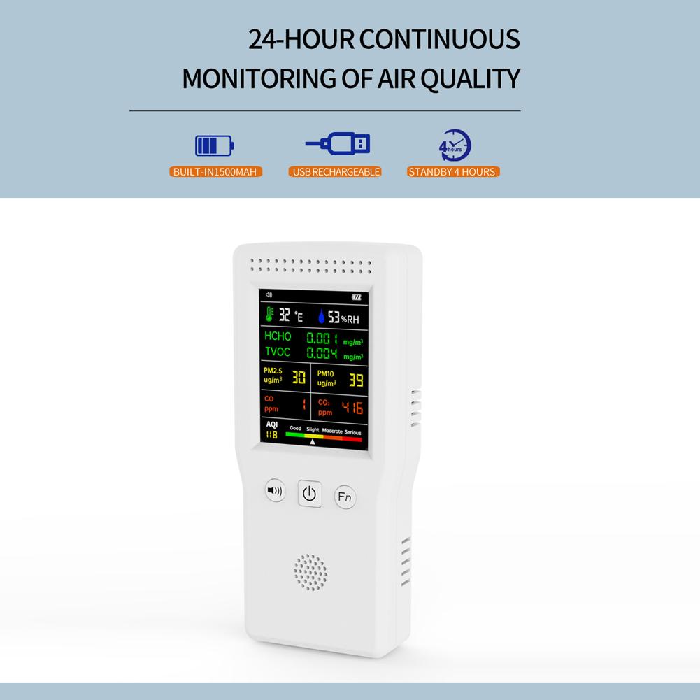 Портативный 9-в-1 Детектор качества воздуха PM2.5 PM10 HCHO TVOC CO CO2 AQI Температура Влажность Многофункциональный Цифровой ЖК-монитор качества воздуха Высокая точность