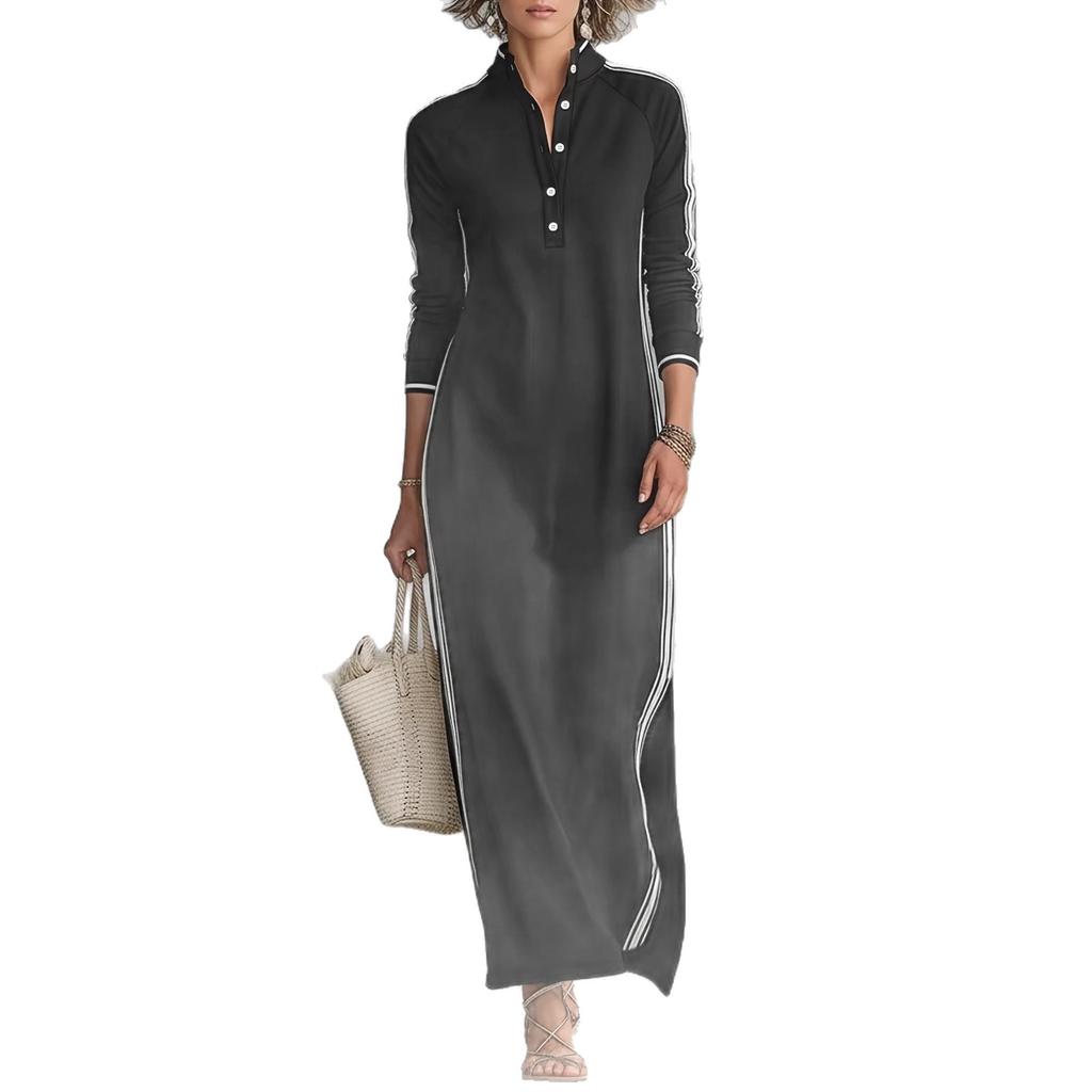 2026 Cross-border Foreign Trade Express New Long Dress Women's Simple White Piping Button Neck Sweater Dress