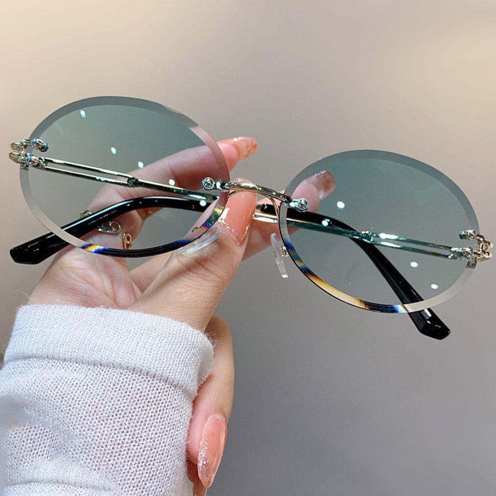 Rimless Oval Sunglasses Vintage Metal Punk Sun Glasses Trendy Frameless Shades Uv400 Protection Gradient Lens Glasses