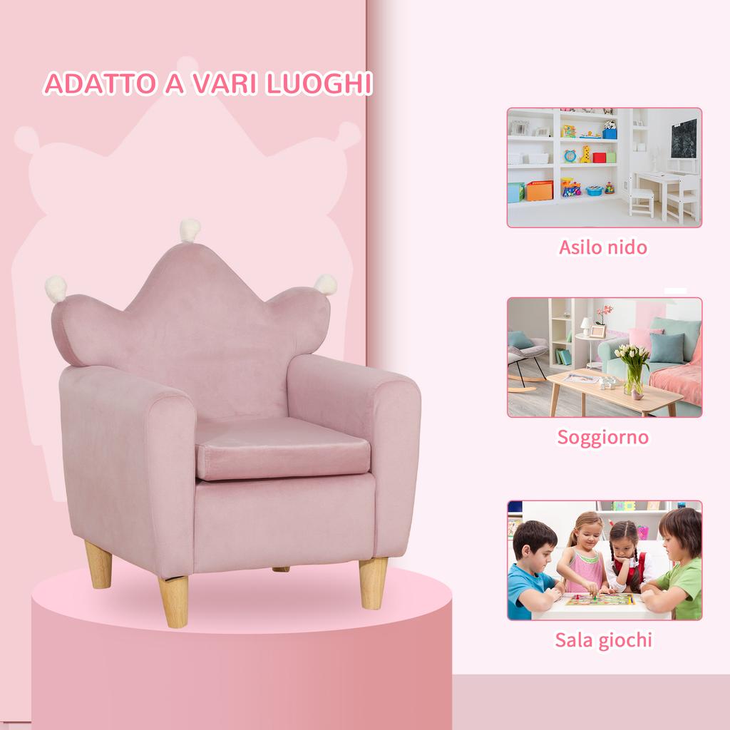 Pink Velvet-Effect Children's Armchair with Crown Backrest. 50.2x41.9x57.8cm