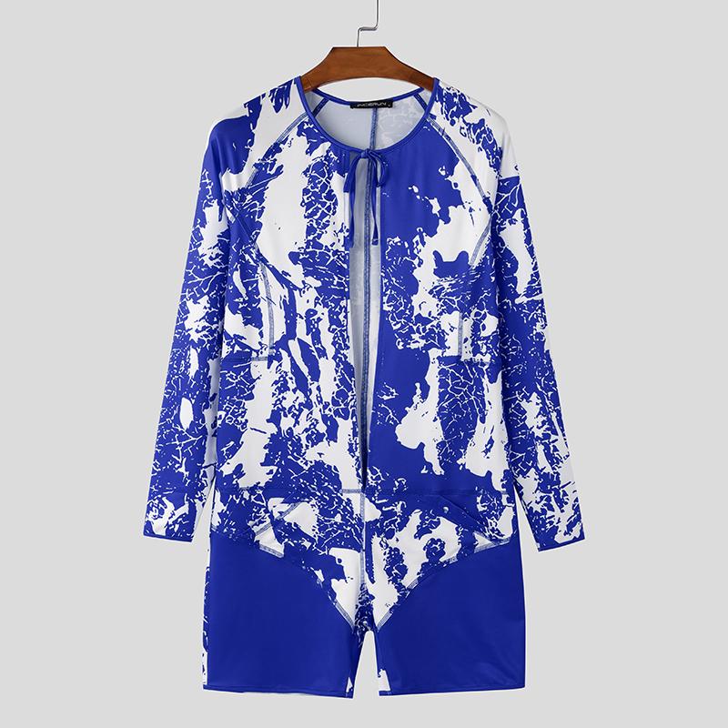 INCERUN Мужской комбинезон с длинным рукавом и принтом, открытым спереди, на шнуровке, короткий, цельный, боди, комбинезоны 