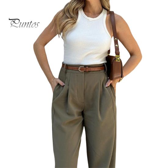 Женские костюмные брюки с высокой талией и пуговицами на молнии, однотонные брюки свободного покроя с карманами, длинные брюки в повседневном стиле