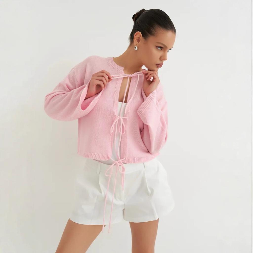 Женский кардиган с завязкой спереди и бантом, вязаный пуловер с длинным рукавом, верхняя одежда, пальто на шнуровке, с круглым вырезом, вязаные крючком кардиганы для женщин, осенний наряд, куртка-свитер