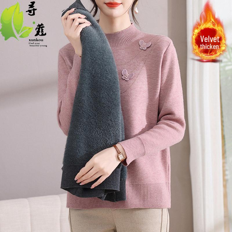 Women's Winter Half-High Neck Sweater for Middle-Aged and Elderly, Autumn/Winter Knitted Pullover