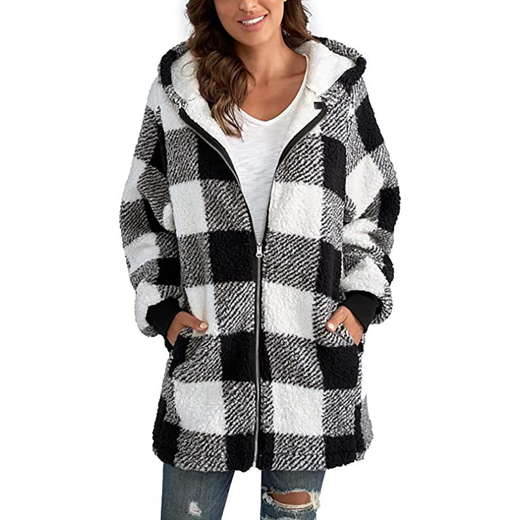 Женская повседневная теплая куртка с плюшевой решеткой и карманом на молнии с капюшоном, свободное пальто