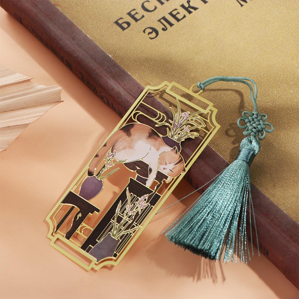 Cat Hollowed Cat Bookmark Flower Chinese Style Metal Reading Bookmark Creative Tassels Chinese Style Bookmarks Teachers'Day Gift