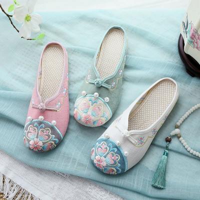 Тапочки, плоская подошва, вышитые тканевые туфли, женская обувь 2025 года, новый этнический стиль с домашней мебелью в стиле ханьфу