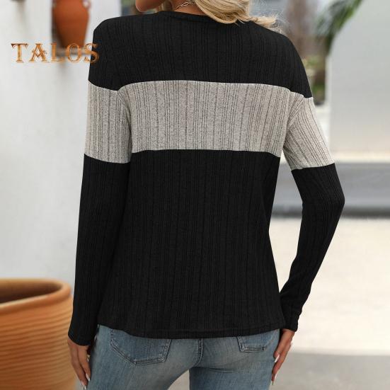 Женские топы с круглым вырезом и длинным рукавом, цветные ребристые трикотажные топы свободного кроя, повседневные свитера, повседневная одежда