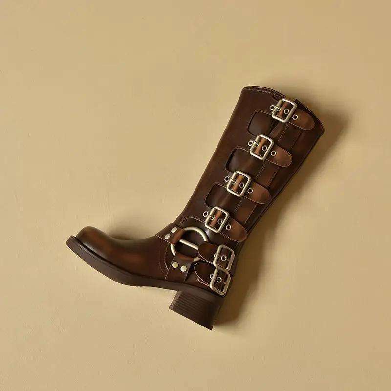 Модные панк туфли на среднем каблуке женские сапоги до колена осенне-зимние водонепроницаемые горячая мода 2025 демисезонные новинка из ПУ женские длинные сапоги