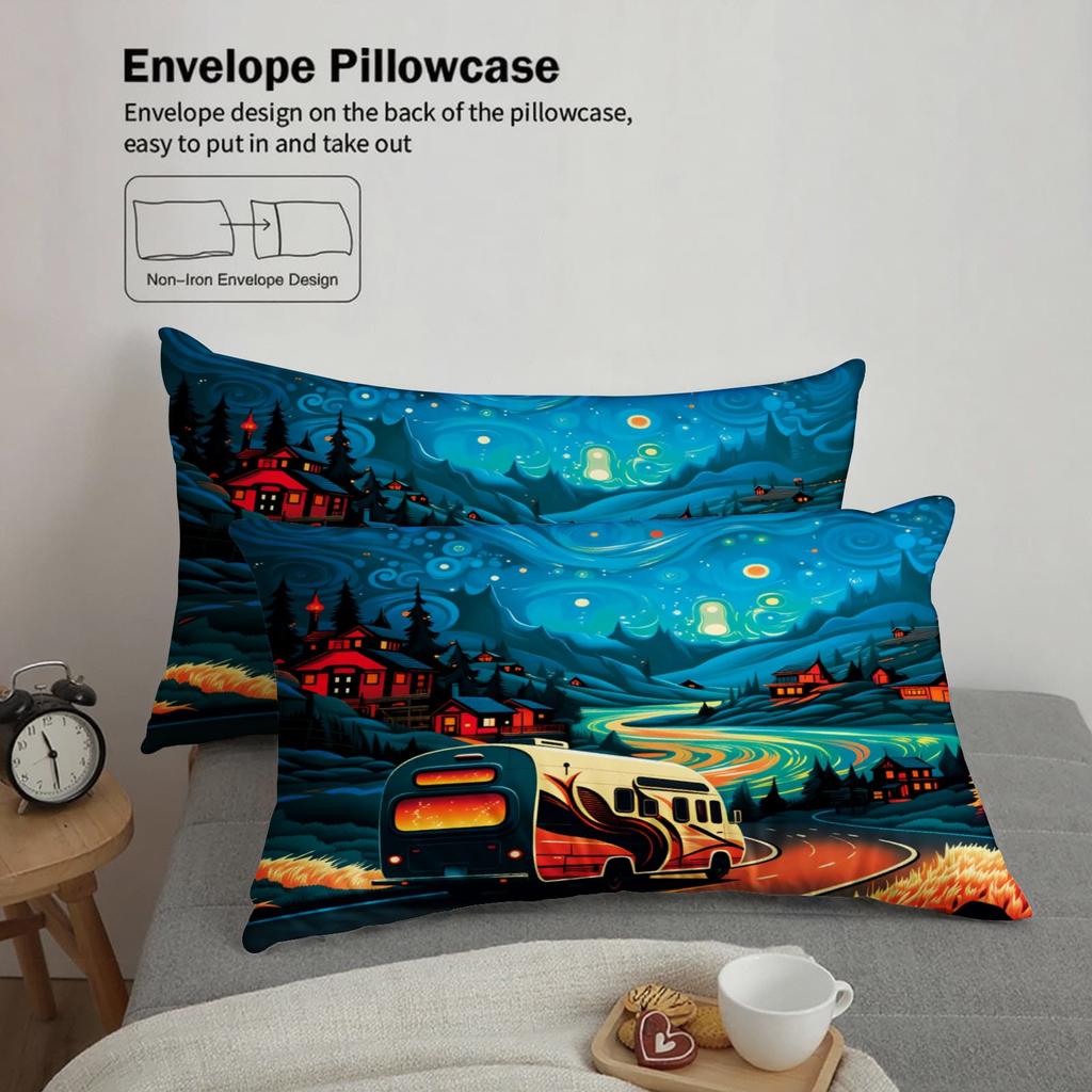 3pcs Vintage Van Life Camping RV Print Duvet Cover Set – for Kids Gift 100%Polyester, Soft, Breathable for Bedroom Decoration