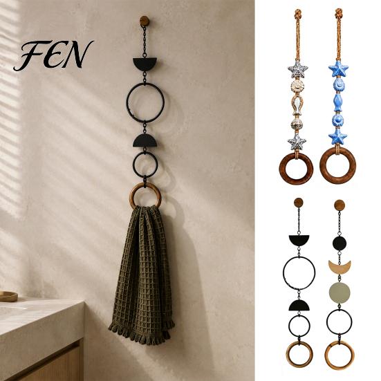 Wall Mounted Hand Towel Ring Beaded Hanger, Bohemian Wood Boho Holder for Bathroom Holder, Decorative Hemp Rope Storage Rack And Kitchen Modern