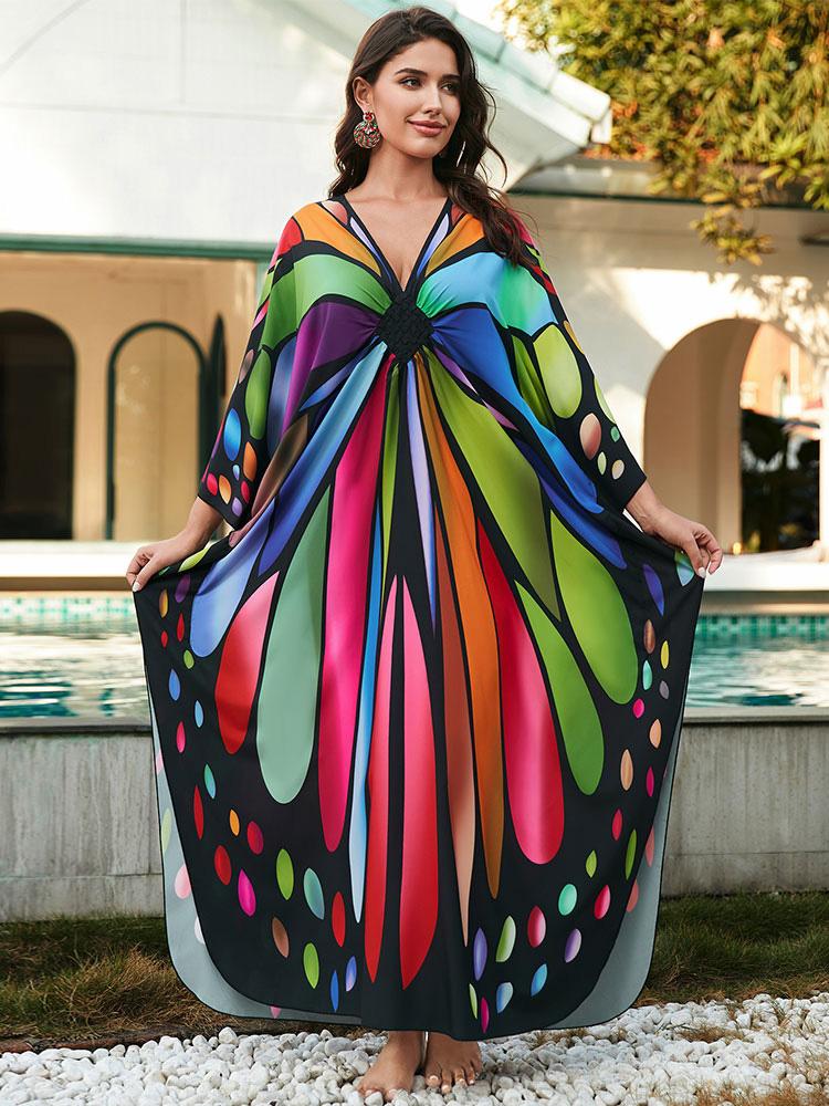EDOLYNSA Плюс размер кафтан богемный зеленый павлин с принтом летнее длинное пляжное платье женская домашняя одежда наряд купальный костюм накидка свободный кафтан