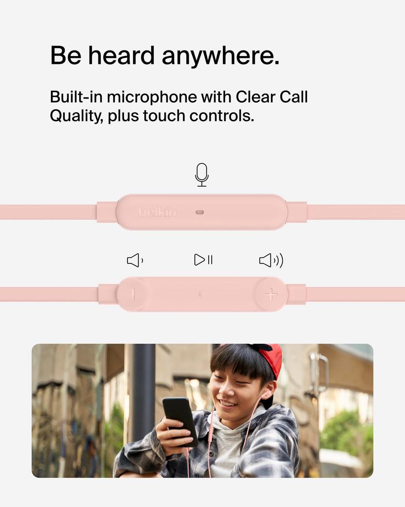 Belkin SoundForm Wired Earphones USB-C Microphone In-Ear Headphones Pink Compatible with iPhone 16 iPad Mini Galaxy S24 Android Devices