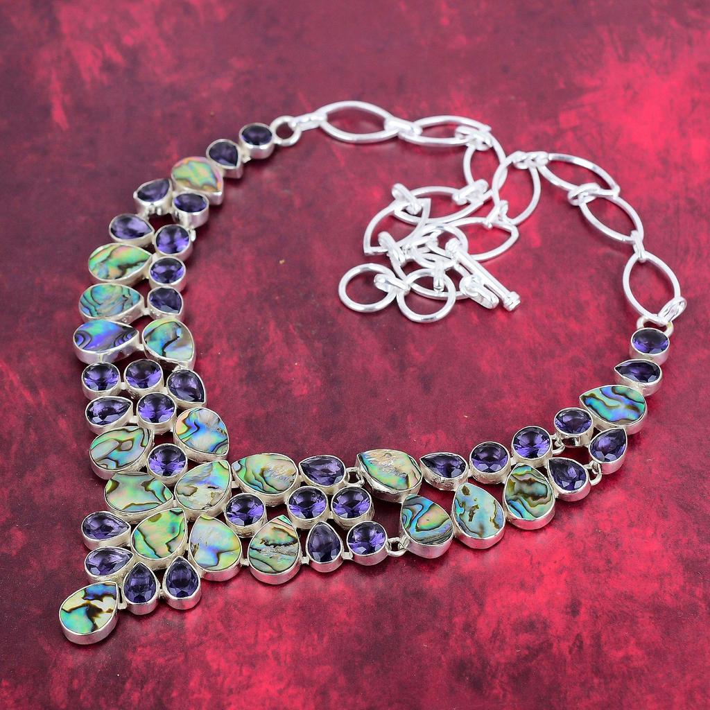 Ожерелье из цельного серебра 925 пробы с ракушкой абалон, аметистом и регулируемой цепочкой, ювелирное ожерелье ручной работы с драгоценными камнями на День памяти