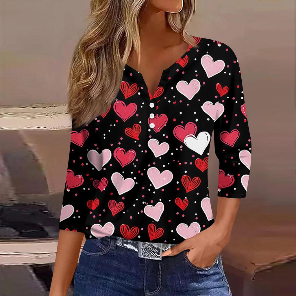 Женская модная рубашка на пуговицах с V-образным вырезом, рукавом три четверти, с принтом ко Дню святого Валентина