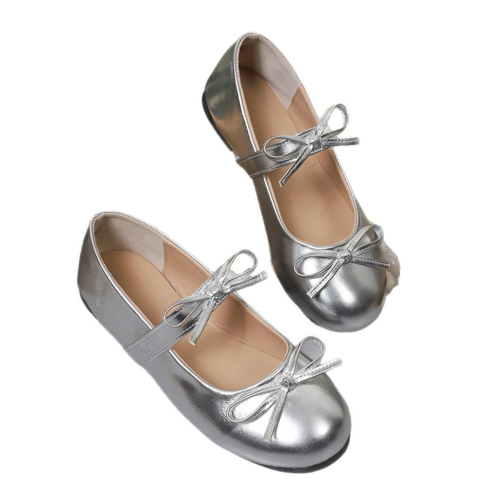 Модные серебристые балетки с бантом для женщин, весенне-летние, удобные, слипоны, плоская подошва, женские легкие туфли Мэри Джейн с мягкой подошвой