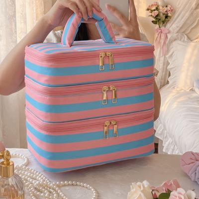 Large Capacity Striped Toiletry Bag Polyester Makeup Bag Cute Travel Storage Bag  Friends Gift