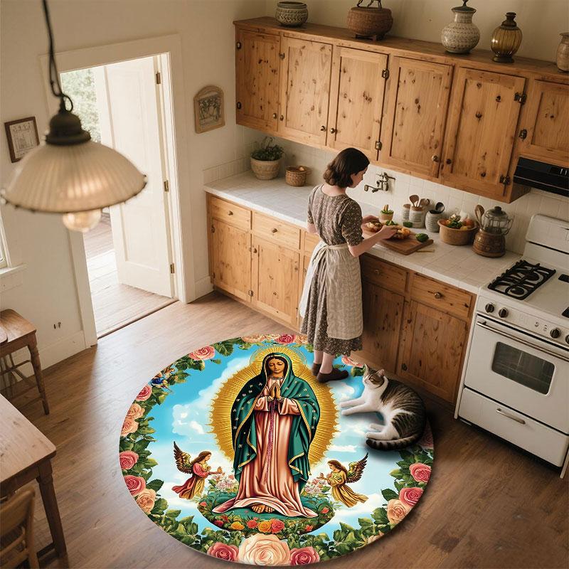 Virgin Mary & Jesus pattern round rug,Carpet Rug for Living Room Bedroom Playroom ,Non-slip Floor Mat,Holiday Gifts and Birthday Gifts.