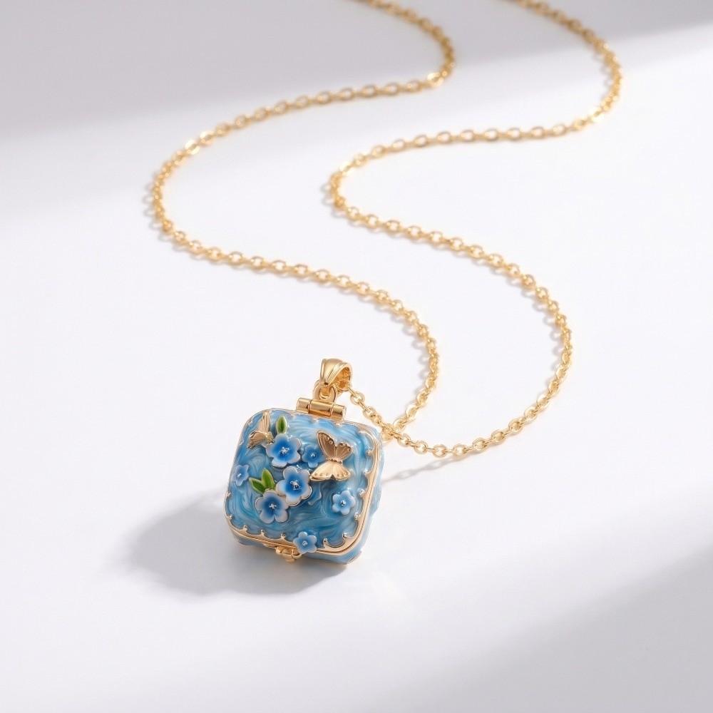 Vintage Enamel Pendant Necklace Floral Butterfly Openable Box Chain Square Locket Necklace  Women