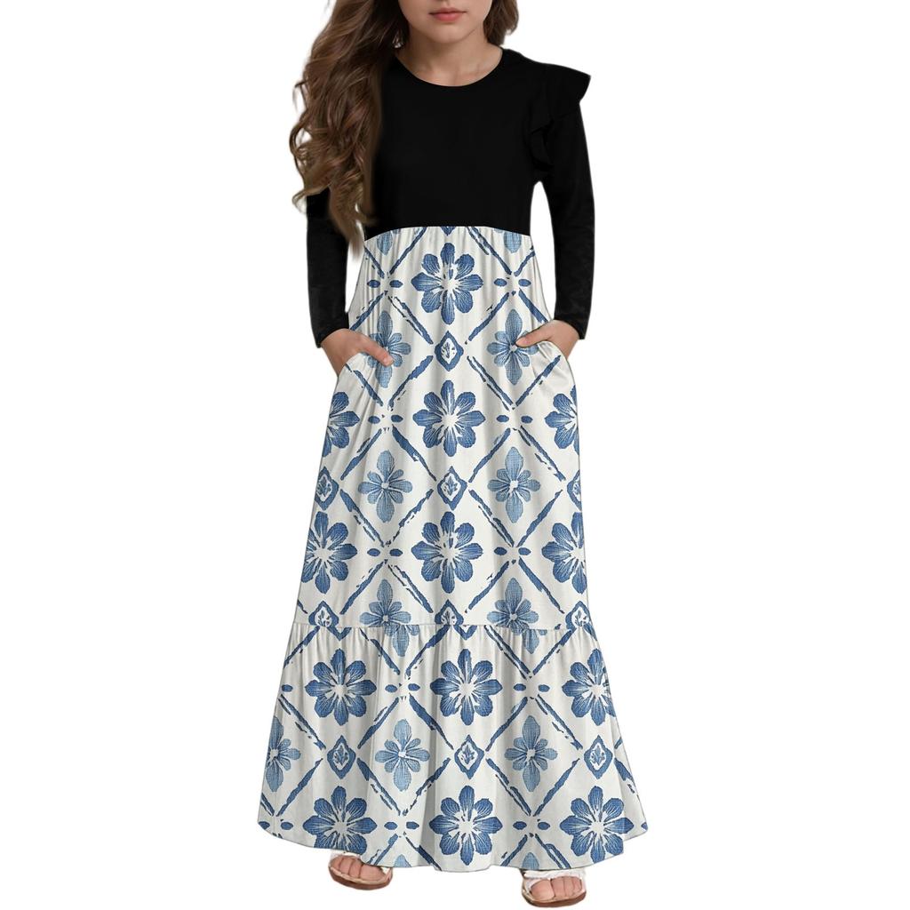 Girls' Tiered Ruffle Dress - Long Sleeve Printed Maxi With Pockets