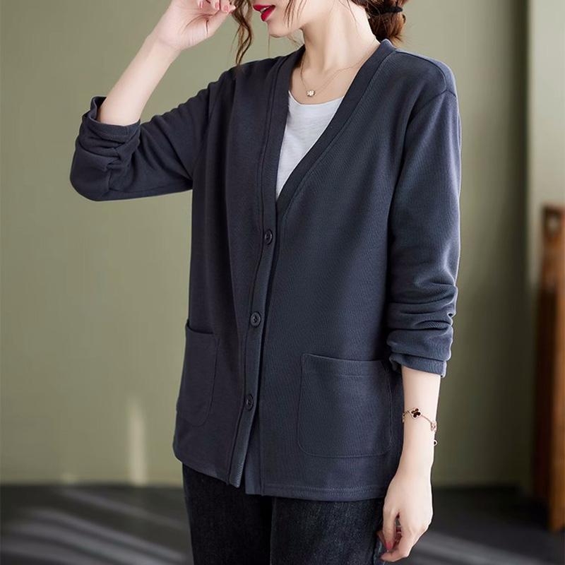 Свитер для женщин, осенний хлопковый вязаный свободный кардиган свободного покроя с V-образным вырезом, женский свободный свитер с длинным рукавом на пуговицах