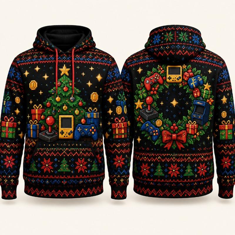 3D Printed Faux Knit Christmas Hoodie Reindeer Snowman Gingerbread Tree Ugly Sweater Unisex Winter Holiday Party Fun Gift