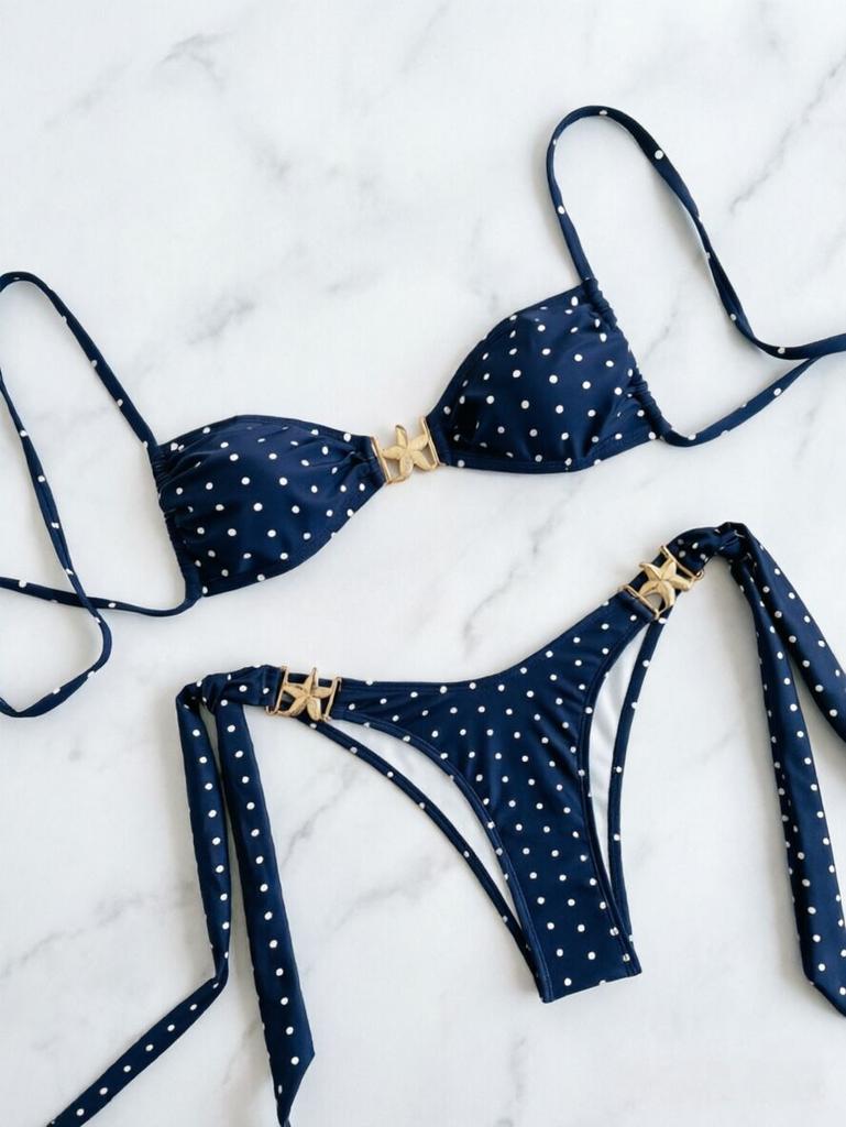 11 years of new European and American bikini swimsuit female sexy metal starfish split swimsuit polka dot printing strap