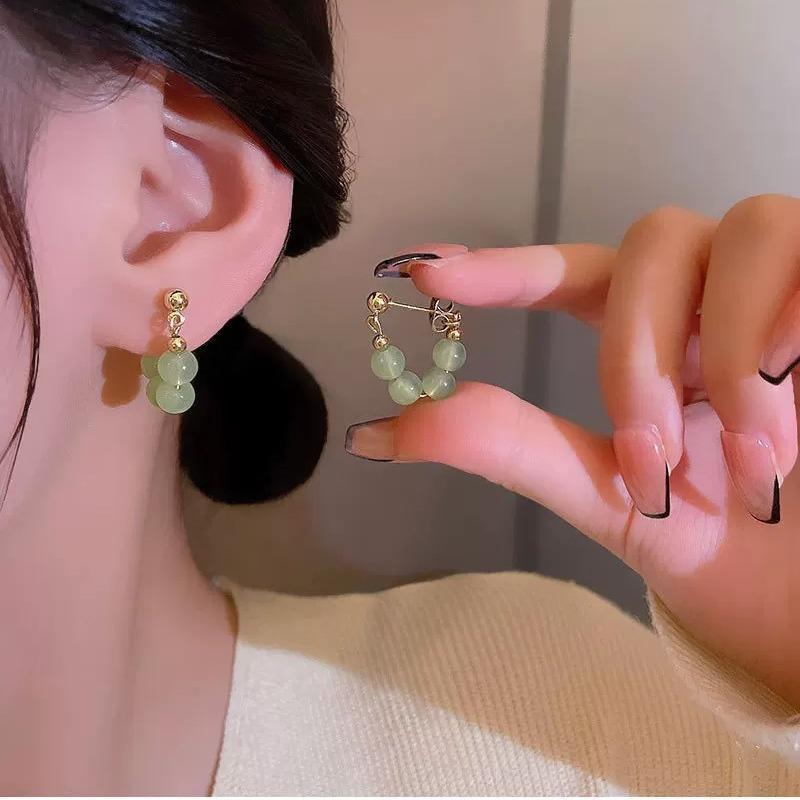 Light Green Resin Bead Hoop Earrings Gold Plated Hypoallergenic Elegant Jewelry for Daily Work Parties