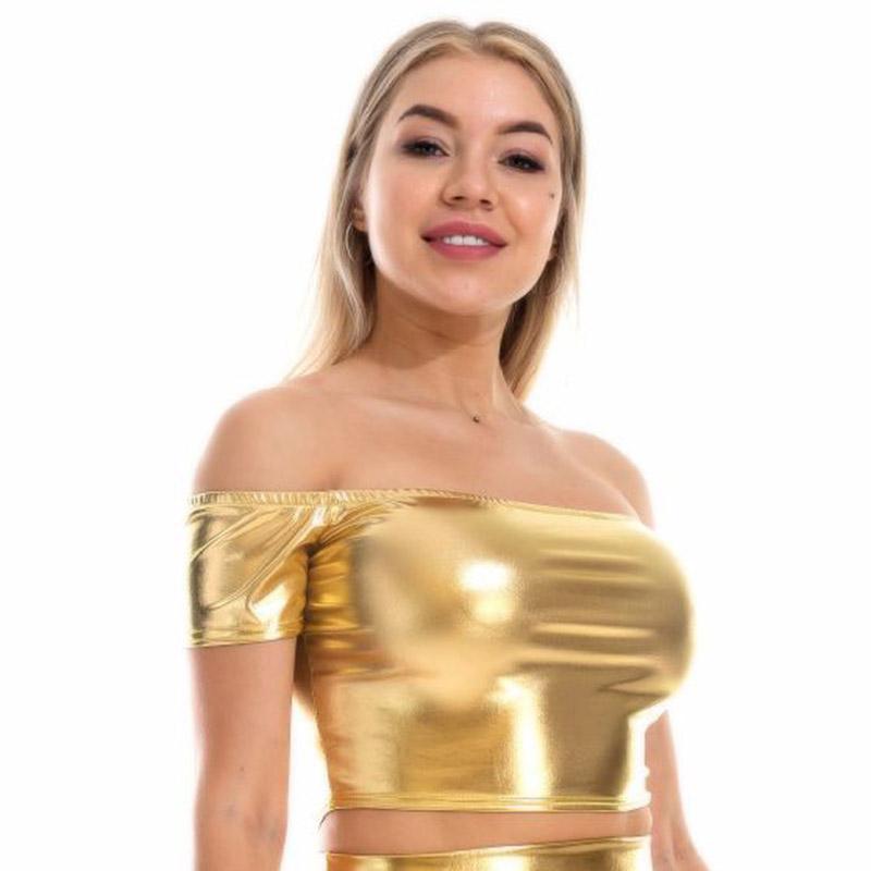Sleeve Women Size Short Plus Metallic Laser Color Shirts Boat Neck Crop Tops Clubwear Streetwear
