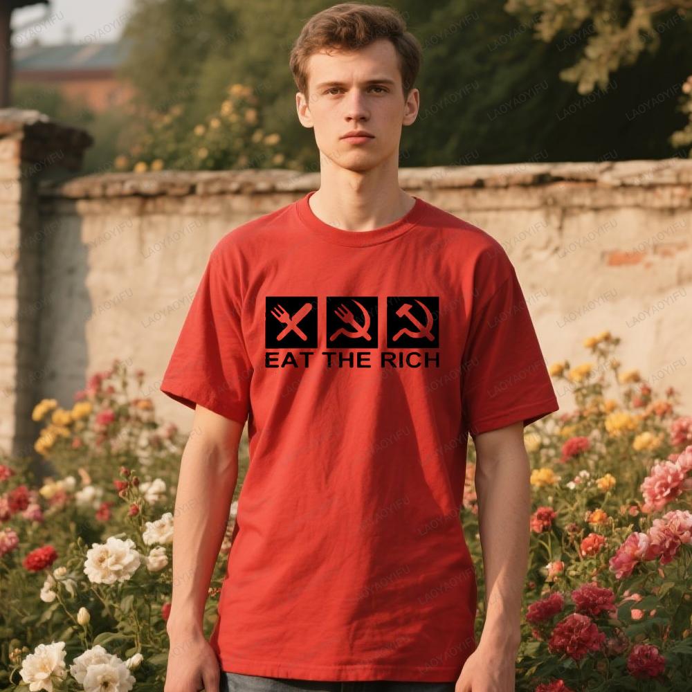 Eat The Rich Logo Men Cotton T Shirt Russia Communist Communism Printed Tshirt Summer Hip Hop Tees Tops Harajuku Streetwear
