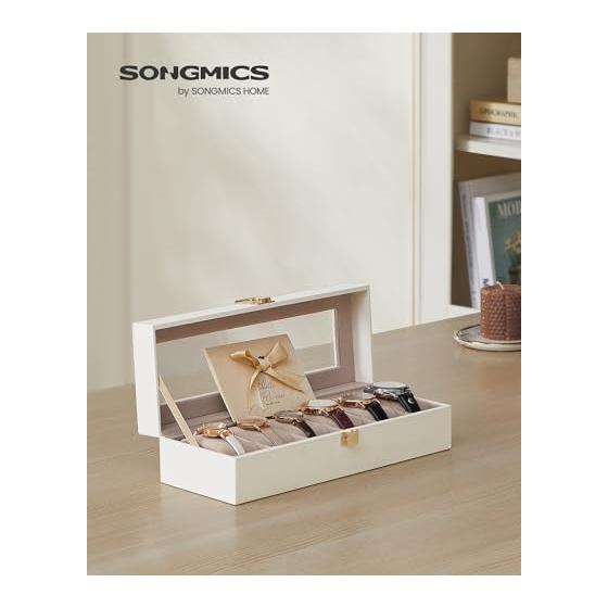 SONGMICS Кейс для часов, 6 отделений, Хранение часов из ПУ, Коллекционный кейс, с прозрачным окном, Шкатулка для часов, Хранение аксессуаров, Стильный, Подарок на День отца,