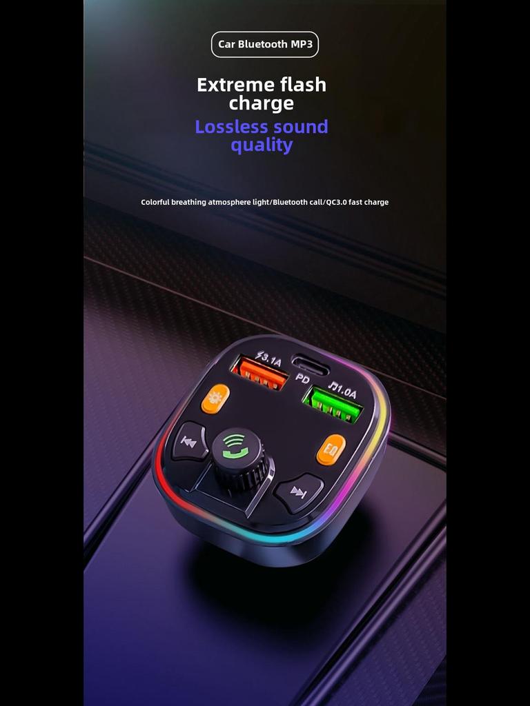 Q5 Car Bluetooth Charger with Dual Ports, FM Modulation, Blue Ambient Light, MP3 Player, and Fast Charging