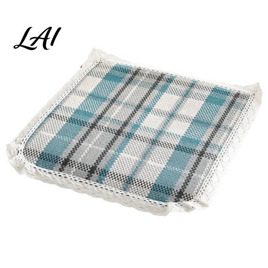 Thin Cushion for Student Chair Cotton Linen Pad Striped Plaid Dining Mat with Lace Trim Pastoral Style Breathable Seat Pad Ties Office Barstool