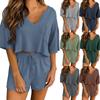 Весенне-летний вафельный топ с v-образным вырезом и короткими рукавами, шорты, домашний комплект из двух предметов
