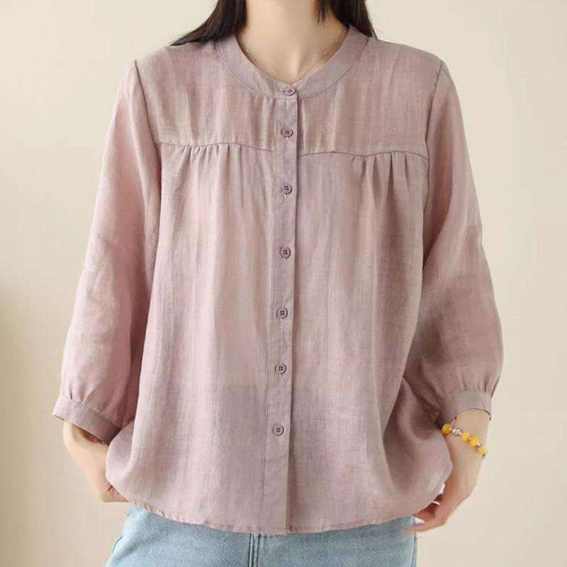 Artistic Retro Spring and Summer New Versatile Loose Slimming Cotton and Linen Cardigan Top Seven Quarter Sleeved Shirt Women's Clothing