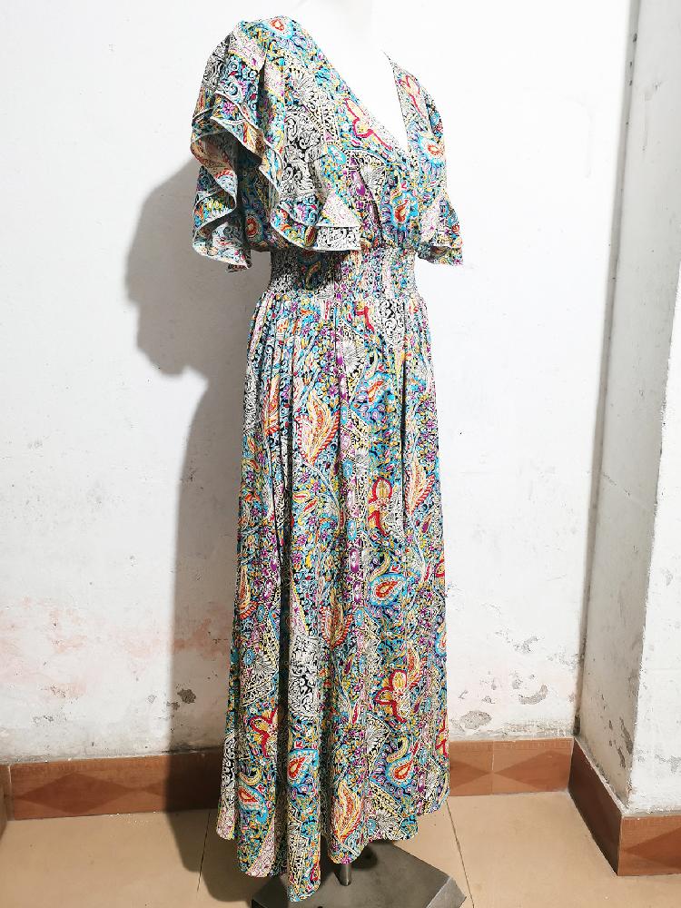 2025 V-образный вырез спинки вискозный набивной оборки короткие рукава разрез платье для женщин