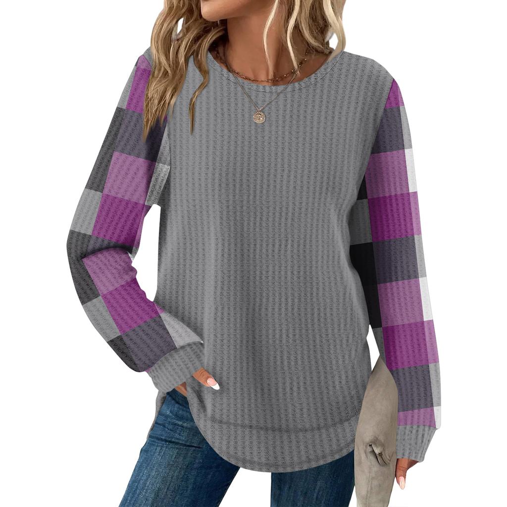 Женский повседневный топ свободного кроя с круглым вырезом и длинными рукавами в клетку