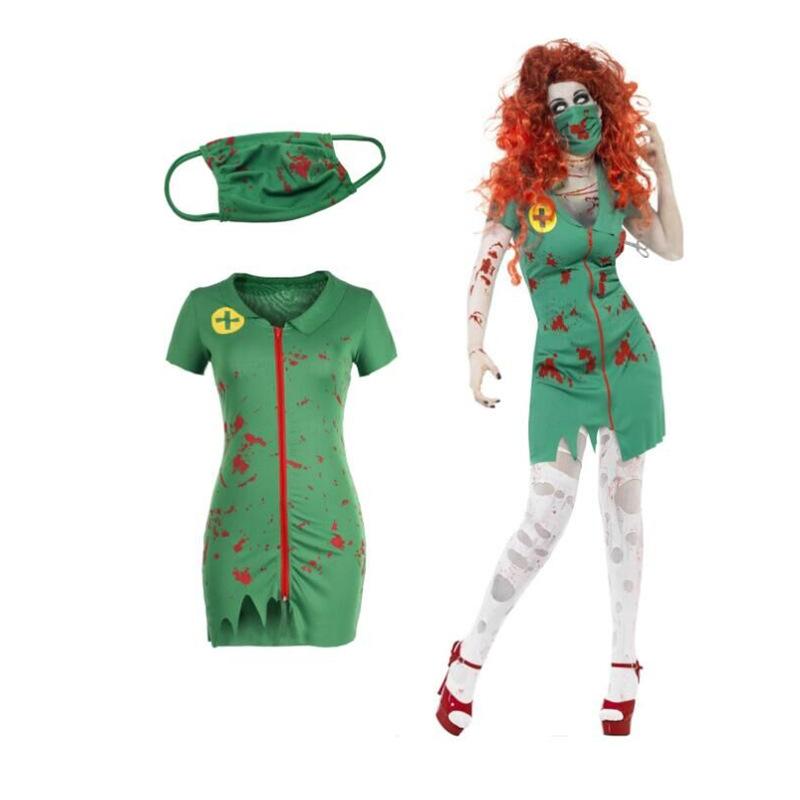 Хэллоуин Кровавый Террор Зомби Костюмы Медсестры Сексуальное Зеленое Платье Для Косплея «Ходячие мертвецы» + Муфелька для рта
