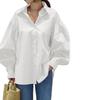 Solid Color Lantern Sleeve Collared Loose Fit Long Shirt Blouse Women