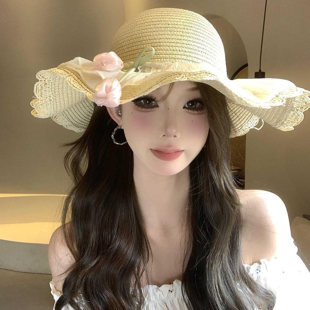 Korean Style Lace Tulip Sun Hat Wide Brim Bow Sunscreen Hat Simple Straw Woven Hat Beach