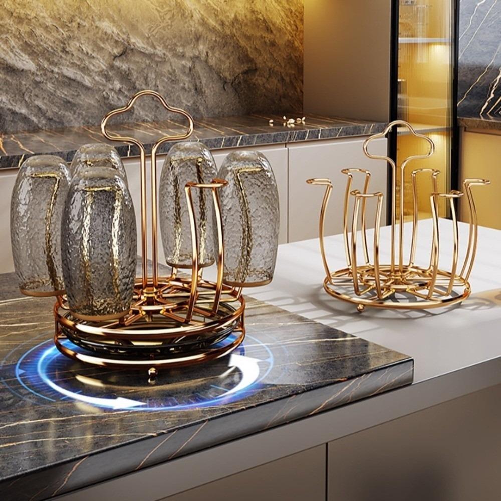 360° Rotation Cup Holder with Water Drain Tray Gold Glass Cup Storage Rack Mug&Cup Organizer Bar