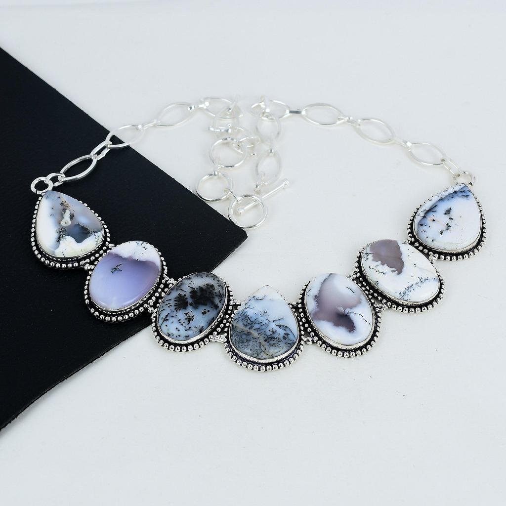 Ожерелье из серебра 925 пробы с опалом и дендритом, серебряное ожерелье с опалом и дендритом для жены, ожерелье унисекс, подарок на День благодарения