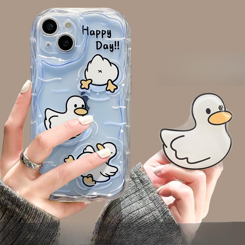 Applicable To Apple 14promax Mobile Phone Case IPhone 15/13 Cute Duck Bracket Chain 11/12mini Transparent