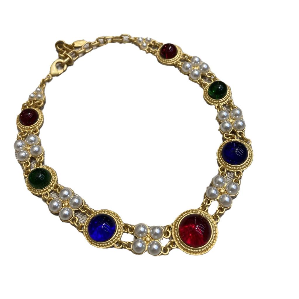 Средневековое ожерелье с цветным круглым глазурованным жемчугом, двойная ключичная цепочка, винтажное ожерелье в стиле суда